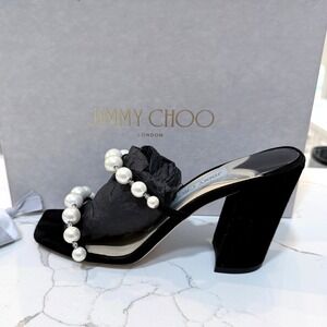 Jimmy Choo Amara 85 Black Suede Pearl  Block Heel Sandals Size 40 MSRP 975
